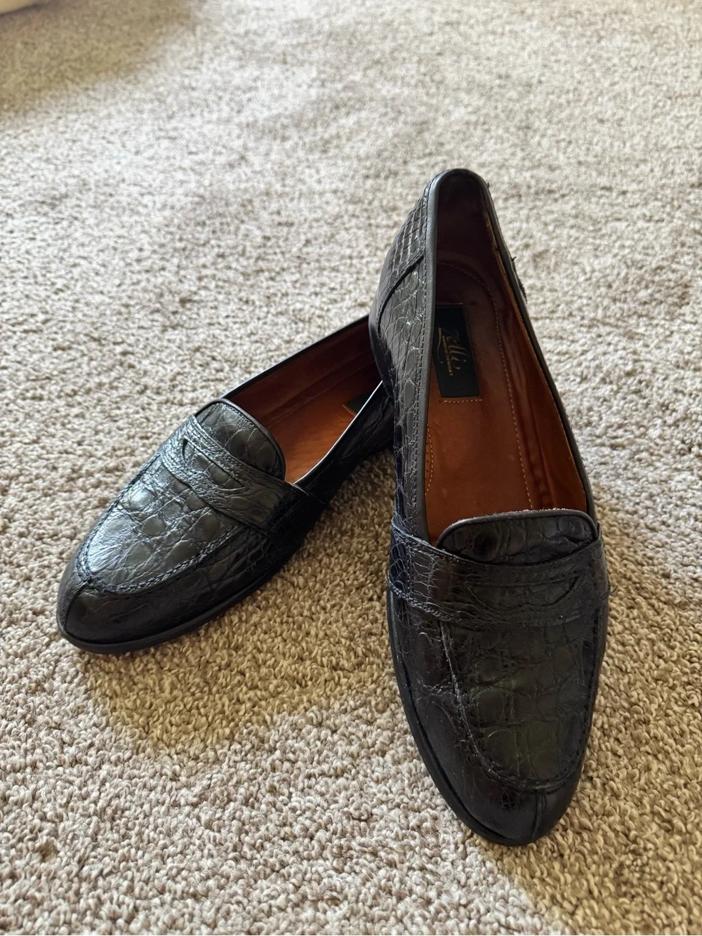 Zelli Black Genuine Crocodile Penny Loafers